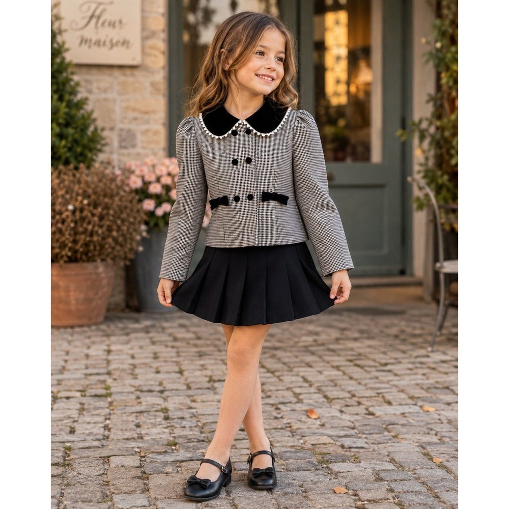 Bonnie Jean Girls Size 10 Houndstooth Cropped Jacket Velvet Collar Bows